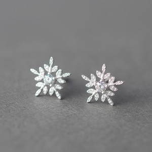 May include: A pair of silver snowflake stud earrings. Each earring features a central clear gemstone surrounded by delicate leaf-like details. The earrings are set against a gray background.