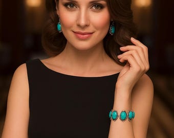 Vintage Ethnic Turquoise Earrings & Bracelet Set – Boho Flower Jewelry for Women