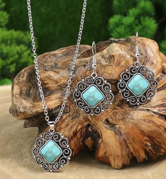 Bohemian Turquoise Jewelry Set, Irregular Hollow Silver Necklace & Earrings, Vacation Style Gift