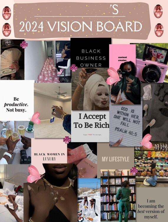 Printable 2024 Black Girl Vision Board, 2024 Vision Board, 2024 Goals Board,  Aesthetic Vision Board 