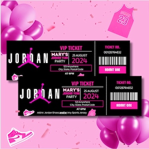 Rosa bearbeitbare Jordan Year Basket Ball Spiel-Ticket-Einladung, Party-Ticket, bearbeitbare Einladung für Party, digitaler Download Canva-Vorlage.