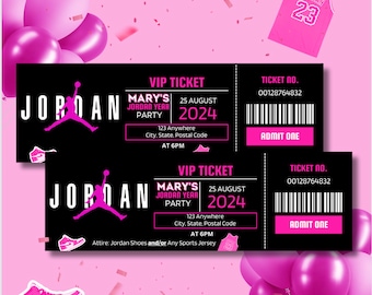 May include: Two black and white VIP ticket designs for Mary's Jordan Year Party on August 25, 2024, at 6 PM. The tickets feature a silhouette of a basketball player, the text "JORDAN", and a barcode.
