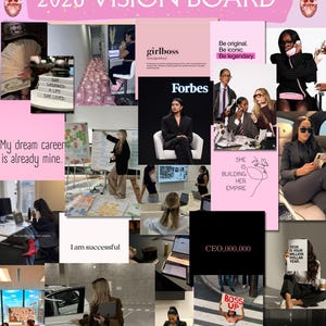 Op de afbeelding: Een roze visionboard met bovenaan de tekst "2026 VISION BOARD". Het bord bevat afbeeldingen van succesvolle vrouwen, tekst als "girlboss", "Forbes" en motiverende zinnen als "I am successful" en "CEO,000,000".
