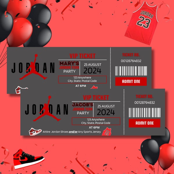 Invito modificabile per biglietto per partita di basket Jordan Year, biglietto per festa, invito modificabile per festa, modello Canva per download digitale.
