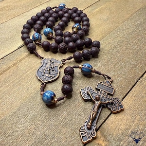 Protect Me in Battle, St. Michael Rosary: Brown Lava & Blue Ceramic Beads, Catholic Gift