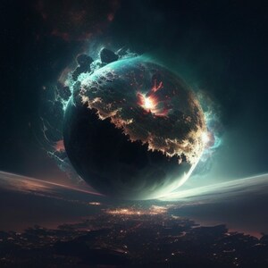 Pode incluir: Um planeta escuro e rochoso com um campo de energia verde e vermelho brilhante ao seu redor. O planeta está em primeiro plano da imagem, com uma cidade distante, escura e desfocada no fundo.