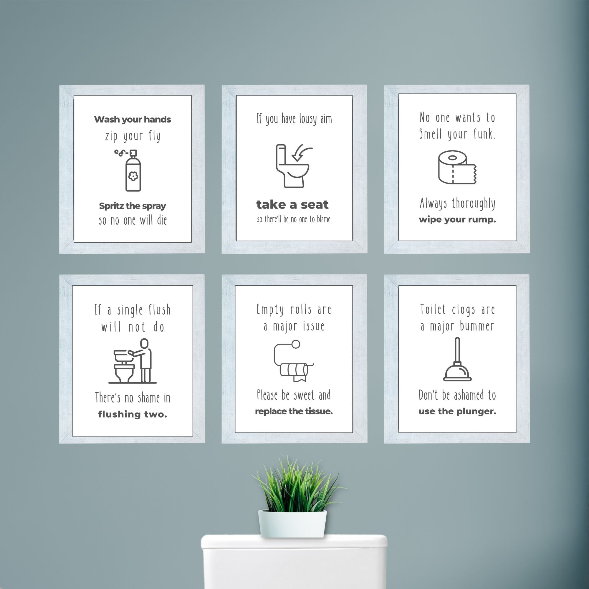 DIGITAL DOWNLOAD Set of 6 Funny Bathroom Prints Wall Art Prints