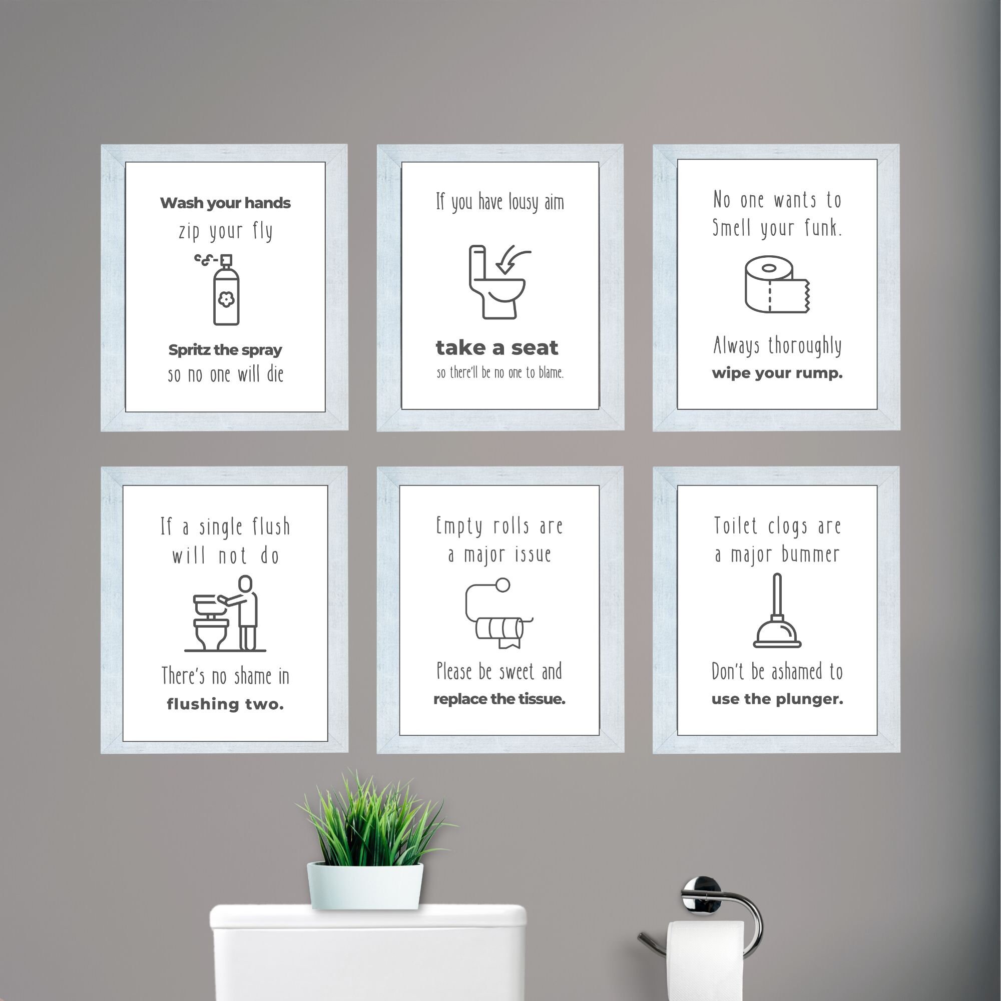 DIGITAL DOWNLOAD Set of 6 Funny Bathroom Prints Wall Art Prints ...