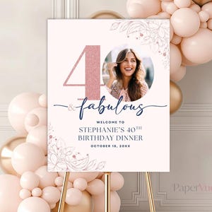 Letrero de bienvenida para 40 cumpleaños: decoración de fiesta editable, plantilla imprimible en tonos rosa y azul marino, descarga instantánea / Póster digital de cuarenta años