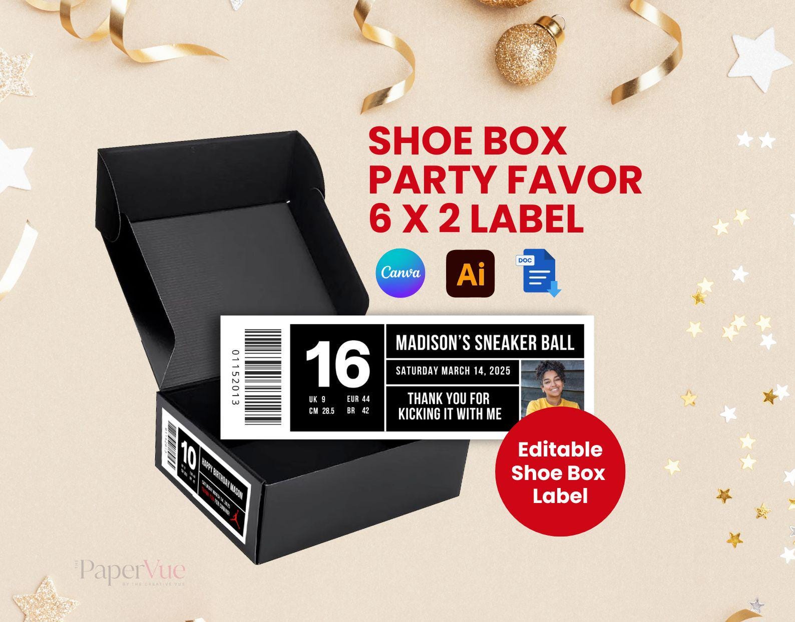 Shoe Box Label Template, Sneaker Box Label Basketball Birthday Party Label, Sneaker Ball Party Favor Label 6x2 Inch, Canva & Illustrator