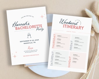 Plantilla de itinerario e invitación de despedida de soltera editable / Invitación de despedida de soltera rosa moderna / Itinerario de fin de semana de despedida de soltera