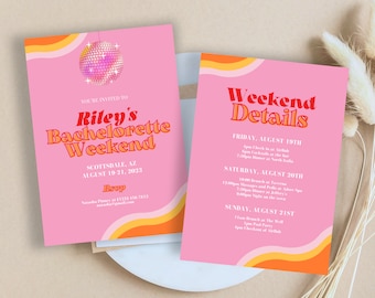 Plantilla de itinerario e invitación de despedida de soltera editable / Invitación de despedida de soltera retro roja y rosa / Itinerario de fin de semana de despedida de soltera