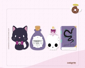 May include: A collection of Halloween-themed cutouts. Includes a black cat with a purple bow, a purple potion bottle with the text "Haddy Magic Potion #9", a skull candle, and a purple spell book with a snake.
