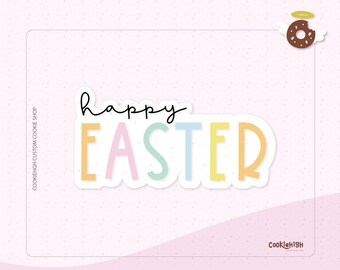 May include: A sticker with the text "happy easter" in colorful letters. The letters are outlined in white and have a speckled texture. The sticker is on a pink background with white dots.