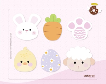 May include: Six Easter-themed cookie cutters, including a bunny, carrot, paw print, chick, egg, and lamb. The cutters are white with pink, yellow, orange, and purple accents. The text "CookieHigh Custom Cookie Shop" is on the left side of the image.