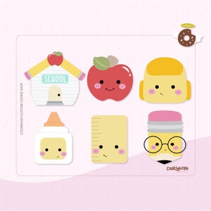 May include: Set of six colorful cookie cutters shaped like school supplies, including a schoolhouse, apple, backpack, ruler, pencil, and a bottle. Each cutter has a cute cartoon face.