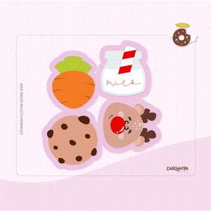 May include: Four cookie cutter designs: a carrot, a milk bottle with a red and white striped straw, a chocolate chip cookie, and a reindeer face with a red nose. The cookie cutters are on a pink background. The text "COOKIEIGH CUSTOM COOKIE SHOP" is on the left side.