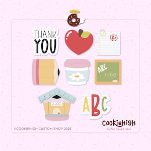 Könnte beinhalten: Ein Set aus neun bunten Ausstechern in Form von Schulutensilien, darunter ein Apfel, ein Bleistift, ein Schulhaus, ein Alphabetblock, eine Kaffeetasse, ein Donut, ein Notizblock und eine Tafel. Die Ausstecher befinden sich auf einem rosa Hintergrund mit weißen Punkten.