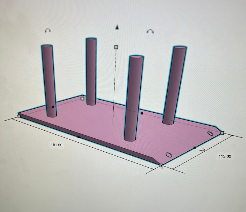 May include: A 3D model of a rectangular platform with four cylindrical supports. The platform is 181.00 inches long and 113.00 inches wide. The supports are evenly spaced along the length of the platform.