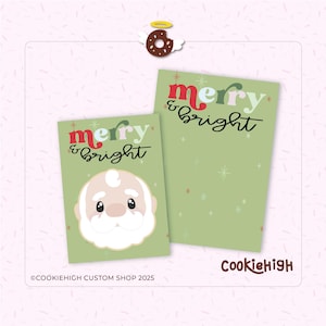 May include: Two Christmas-themed greeting cards with the text "merry & bright" in red, green, and black. One card features Santa Claus's face, and the other has snowflakes. A donut with wings and a halo is at the top.