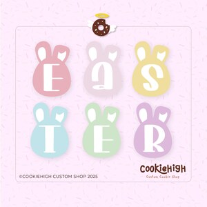 以下が含まれることがあります： パステルカラーのウサギの形をしたクッキーカッター6つが「EASTER」という単語を綴っています。カッターは2列に3つずつ並んでいます。背景は薄いピンクで、白いコンフェッティ模様が施されています。「EASTER」の文字の上に、ハローが付いた小さなドーナツがあります。画像の下部には「COOKIEHIGH CUSTOM SHOP 2025」という文字があります。画像の右下には「Cookiehigh Custom Cookie Shop」という文字があります。