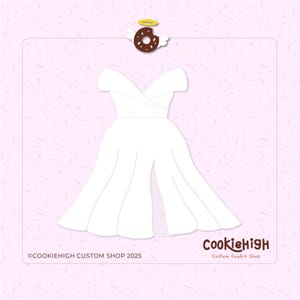 Può includere: Tagliapasta a forma di abito bianco con spalle scoperte e gonna ampia. Una ciambella marrone con ali d'angelo e un'aureola in alto. Il testo "CookieHigh Custom Cookie Shop" è in basso a destra. Il testo "©COOKIEHIGH CUSTOM SHOP 2025" è in basso a sinistra.