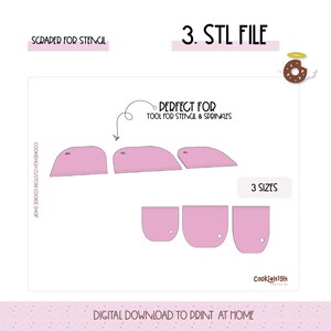 May include: A digital download for a 3D printable cookie scraper tool. The image shows three different sizes of the scraper, which is pink and has a hole in the center. The text on the image reads "Scraper for Stencil", "Perfect for Tool for Stencil & Sprinkles", "3 Sizes", "Cookiehigh Custom Cookie Shop", and "Digital Download to Print at Home".