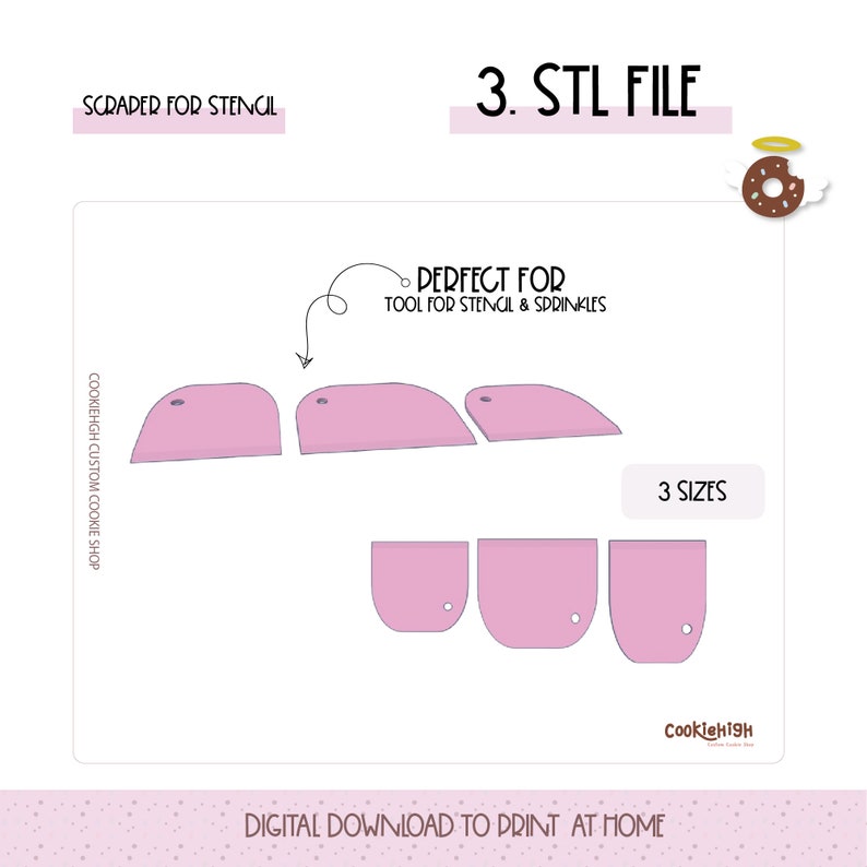 May include: A digital download for a 3D printable cookie scraper tool. The image shows three different sizes of the scraper, which is pink and has a hole in the center. The text on the image reads "Scraper for Stencil", "Perfect for Tool for Stencil & Sprinkles", "3 Sizes", "Cookiehigh Custom Cookie Shop", and "Digital Download to Print at Home".