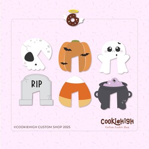 May include: A collection of Halloween-themed cookie cutters in various shapes, including a skull, pumpkin with bats, ghost, tombstone with "RIP", candy corn, and a cauldron with purple potion. The image also includes a donut with wings and a halo.