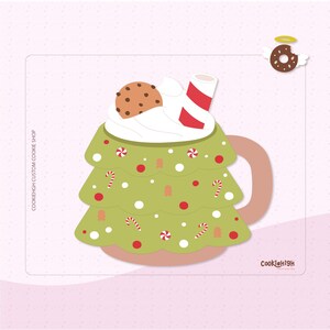 May include: A whimsical illustration of a Christmas tree-shaped mug filled with whipped cream, a chocolate chip cookie, and a candy cane straw. The mug is decorated with red and white candies and gingerbread men. The image includes the text "COOKIEHGH CUSTOM COOKIE SHOP".