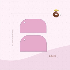 May include: Two pink, semi-circular cookie cutters with a small hole at the top. The cutters are on a white background with the text "COOKIEHIGH CUSTOM COOKIE SHOP" and "CookieHigh". A cartoon donut with wings and a halo is in the corner.