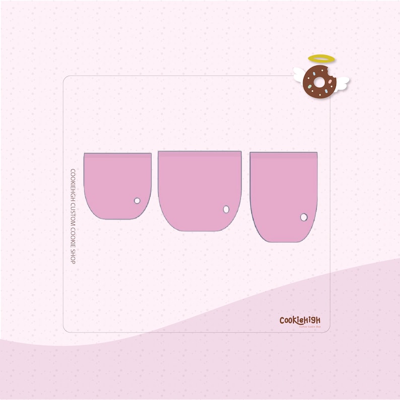 May include: Three pink cookie cutters in different sizes, shaped like a half-circle with a small hole at the bottom. The cutters are on a white background with a small donut with angel wings in the top right corner. The text "CookieHigh Custom Cookie Shop" is on the left side of the image.