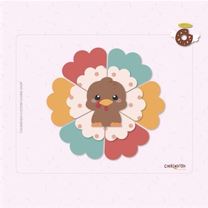 Könnte beinhalten: Ein farbenfrohes Design zum Thema Thanksgiving mit einem Cartoon-Truthahn im Zentrum, umgeben von blütenblattförmigen Elementen in Rot, Türkis und Gelb. Das Design enthält den Text "Cookie19H" und "Cookiehgh Custom Cookie Shop".