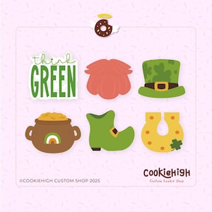 May include: A set of nine cookie cutters for St. Patrick's Day. The cutters are shaped like a pot of gold, a horseshoe, a leprechaun's boot, a shamrock, a leprechaun's hat, a four-leaf clover, a shell, a donut, and the words "think green".