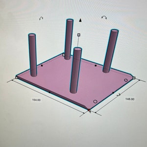 May include: A 3D model of a rectangular platform with three cylindrical supports. The platform is light pink and the supports are dark purple. The platform measures 154.00 inches by 148.00 inches.
