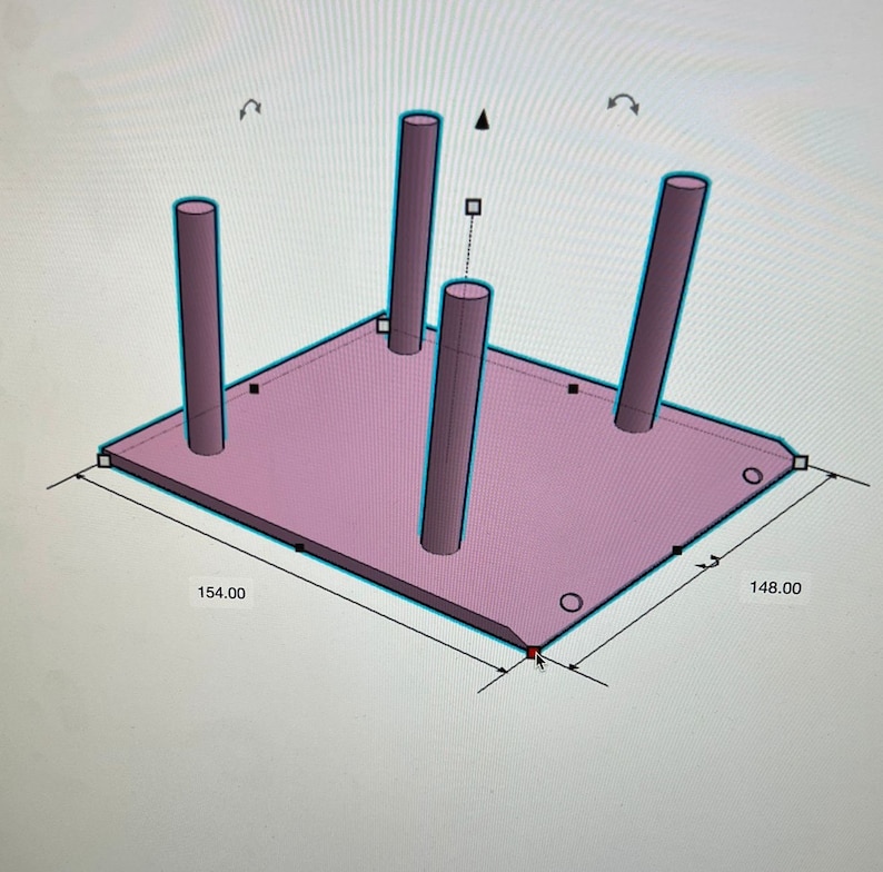 May include: A 3D model of a rectangular platform with three cylindrical supports. The platform is light pink and the supports are dark purple. The platform measures 154.00 inches by 148.00 inches.