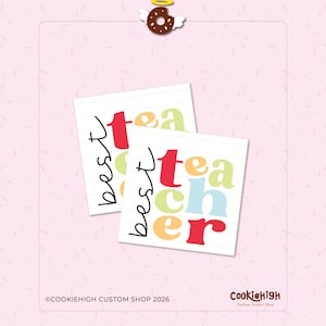 May include: Two white notepads with the words "best teacher" in colorful letters. A donut-shaped charm with wings and a halo is at the top. The background is light pink.