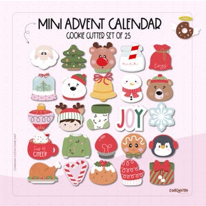 May include: A collection of 25 mini Christmas cookie cutters. The cutters feature festive shapes such as Santa, a Christmas tree, reindeer, a snowman, a bear, and a gift box. The text "MINI ADVENT CALENDAR" is displayed at the top of the image.