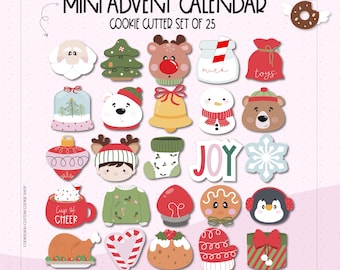 Könnte beinhalten: Ein Set aus 25 Mini-Ausstechern zum Thema Weihnachten. Die Ausstecher umfassen Formen wie Weihnachtsmann, Weihnachtsbaum, Rentier, Schneemann, Bär und Geschenkbox. Der Text "MINI ADVENT CALENDAR" befindet sich oben.