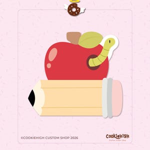Placa de lápiz con forma de manzana y gusano / Cortador de galletas STL / Descarga digital + PNG comestible + Guía negra