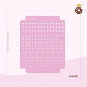 May include: Pink cookie stencil with a repeating pattern of diamonds and circles. The stencil is designed for use with cookie dough and is made of a durable material. The text "COOKIEHIGH CUSTOM COOKIE SHOP" is printed on the left side of the stencil.