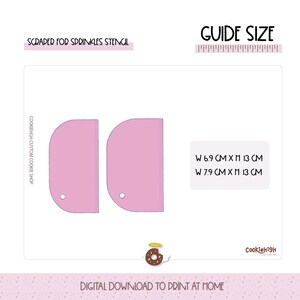 May include: A pink scraper stencil for sprinkles, with dimensions of 6.9 cm x 13 cm and 7.9 cm x 13 cm. The stencil is designed for cookie decorating and features a rounded top and a small hole. The text "SCRAPER FOR SPRINKLES STENCIL" is visible.