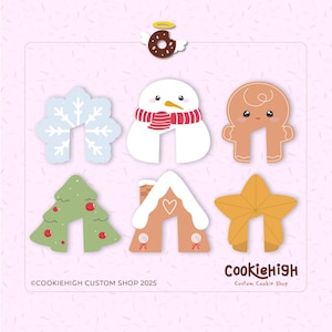 Puede incluir: Un conjunto de cortadores de galletas con temática navideña en varias formas, incluyendo un copo de nieve, un muñeco de nieve, un hombre de jengibre, un árbol de Navidad, una casa y una estrella. Incluye el texto "CookieHigh Custom Shop 2025".