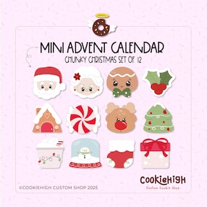 Puede incluir: Un conjunto de 12 recortes de mini calendario de adviento con temática navideña. Los diseños incluyen a Papá Noel, Mamá Noel, un hombre de jengibre, acebo, una casa de jengibre, un remolino de caramelo, un reno, un árbol de Navidad, una taza de café, una bola de nieve, un calcetín y una caja de regalo.