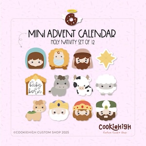 Puede incluir: Un mini calendario de Adviento con 12 figuras ilustradas de la Sagrada Natividad. El conjunto incluye figuras de María, el niño Jesús, José, una estrella, un establo con el texto "baby is born", un burro, una vaca, una oveja, un camello y los tres reyes magos.