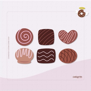 May include: An illustration of six different chocolate candies in various shapes: a swirl, a square, a heart, a shell, a square with wavy lines, and an oval with crosshatch lines. The candies are shades of brown and tan, with white or light brown decorative lines.