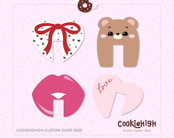 Op de afbeelding: Vier koekjesvormen in de vorm van een hart met een strik, een beer, lippen en een hart met het woord "Love" erop. De koekjesvormen staan op een roze achtergrond met witte stippen. De tekst "Cookiehigh Custom Cookie Shop" staat onderaan de afbeelding.