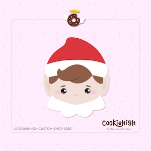 May include: A cartoon illustration of a person wearing a red hat and white beard, with a brown donut with wings and a halo above the head. The image has the text "CookieHigh Custom Cookie Shop".