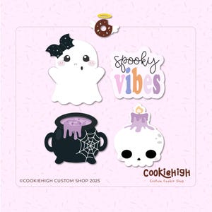 May include: A collection of Halloween-themed stickers. Includes a white ghost with a black bow, a donut with angel wings, a cauldron with purple liquid, a skull candle, and the words "spooky vibes". The stickers are on a pink background.