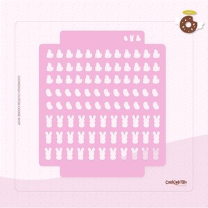 Puede incluir: Hoja de cortadores de galletas rosa con una cuadrícula de 6 filas y 7 columnas. Cada fila presenta una forma de cortador de galletas diferente: un pollito, un caramelo y un conejito. La hoja está etiquetada "COOKIEHGH CUSTOM COOKIE SHOP" en el lado izquierdo y "CookieHigh" en la parte inferior derecha.